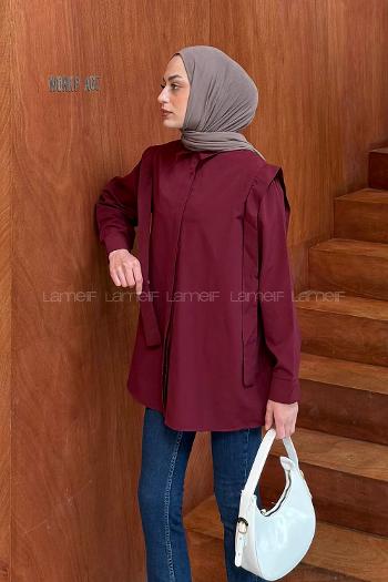 Lamelif Omuz Vatka Detaylı Tesettür Gömlek Bordo