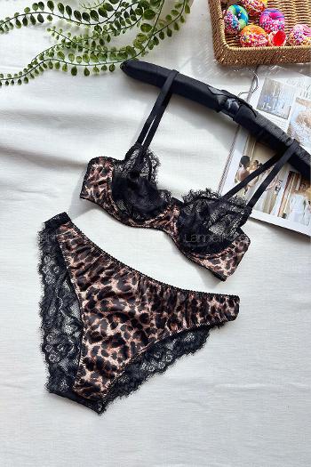 Lamelif Bralet Leopar Dantelli  Saten Takım Desteksiz
