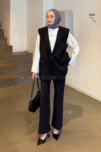 Black V Neck Long Arm Buttoned Regular Trousers Suit