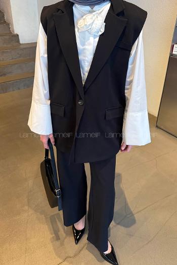 Black V Neck Long Arm Buttoned Regular Trousers Suit