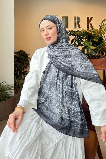 Lamelif Retro Desen Pamuk Şal Antrasit