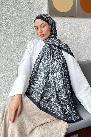 Lamelif Retro Desen Soft Şal Beyaz Siyah