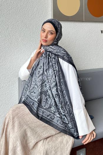 Lamelif Retro Desen Soft Şal Beyaz Siyah