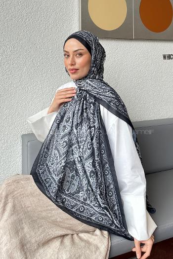 Lamelif Retro Desen Soft Şal Beyaz Siyah