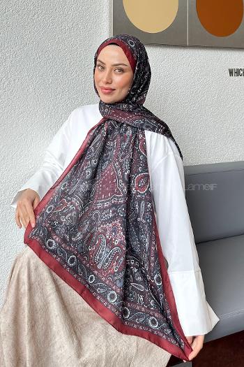 Lamelif Retro Desen Soft Şal Bordo Siyah