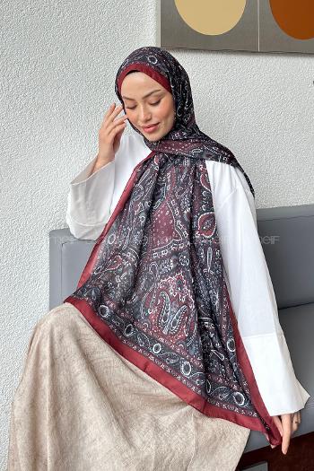 Lamelif Retro Desen Soft Şal Bordo Siyah
