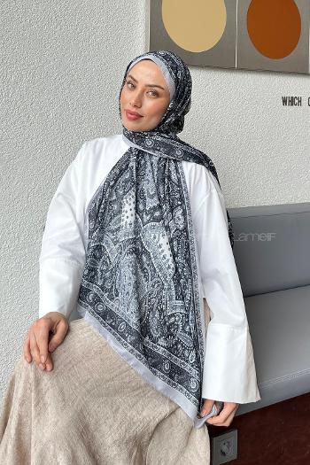 Lamelif Retro Desen Soft Şal Gri Siyah