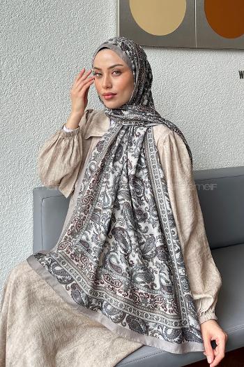 Lamelif Retro Desen Soft Şal Vizon