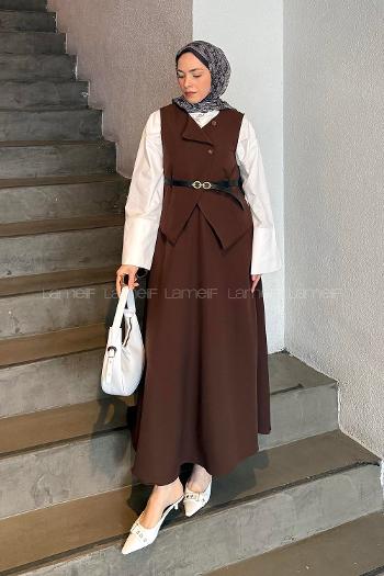 Lamelif Düğmeli Etek-Yelek Tesettür İkili Takım Acı Kahve