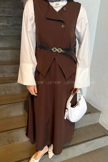 Lamelif Düğmeli Etek-Yelek Tesettür İkili Takım Acı Kahve