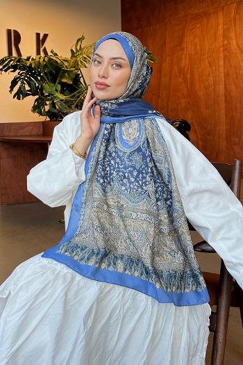 Lamelif Retro Desen Soft Şal Mavi