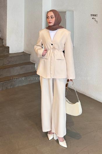 Stone V Neck Long Arm Buttoned Polyester Regular Trousers Suit