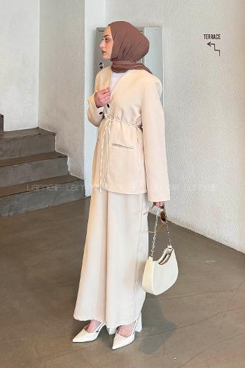 Stone V Neck Long Arm Buttoned Polyester Regular Trousers Suit