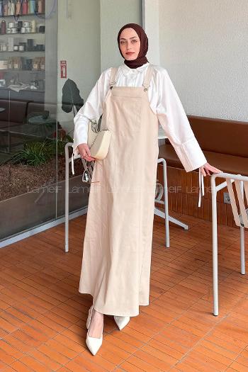 Lamelif Kanguru Cepli Tesettür Elbise Bej