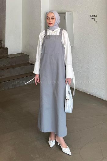 Lamelif Kanguru Cepli Tesettür Elbise Gri