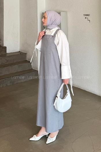 Lamelif Kanguru Cepli Tesettür Elbise Gri
