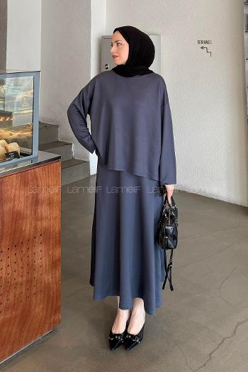 Anthracite Crew Neck Long Arm Poplin Fabric Straight Skirt Suit