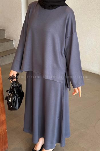 Anthracite Crew Neck Long Arm Poplin Fabric Straight Skirt Suit