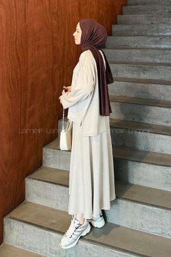 Beige Crew Neck Long Arm Poplin Fabric Straight Skirt Suit