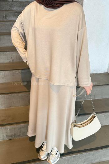 Beige Crew Neck Long Arm Poplin Fabric Straight Skirt Suit