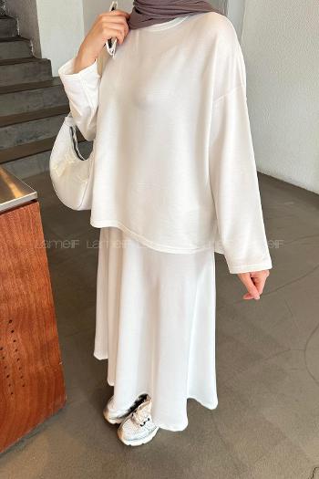 Lamelif Kristal Kloş Etekli Tesettür Takım Beyaz