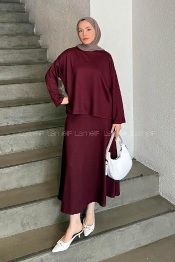 Claret Red Crew Neck Long Arm Poplin Fabric Straight Skirt Suit