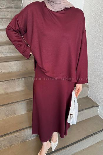 Claret Red Crew Neck Long Arm Poplin Fabric Straight Skirt Suit