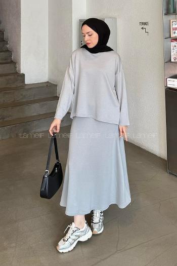Gray Crew Neck Long Arm Poplin Fabric Straight Skirt Suit