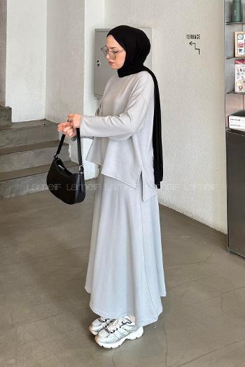 Gray Crew Neck Long Arm Poplin Fabric Straight Skirt Suit