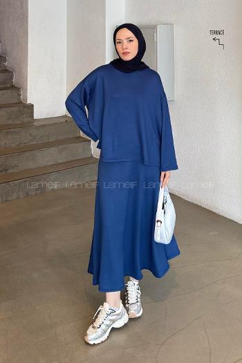 Lamelif Kristal Kloş Etekli Tesettür Takım Lacivert