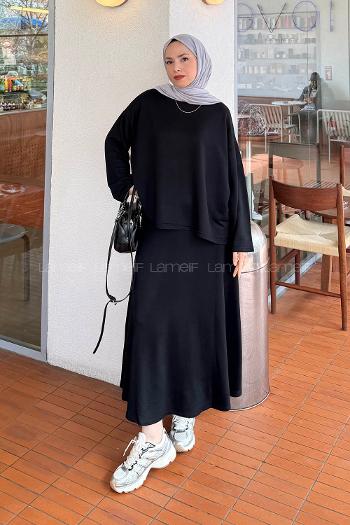 Black Crew Neck Long Arm Poplin Fabric Straight Skirt Suit