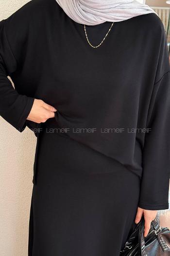 Black Crew Neck Long Arm Poplin Fabric Straight Skirt Suit