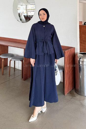 Navy Blue Medium Crew Neck Long Arm Cotton Skirt Suit