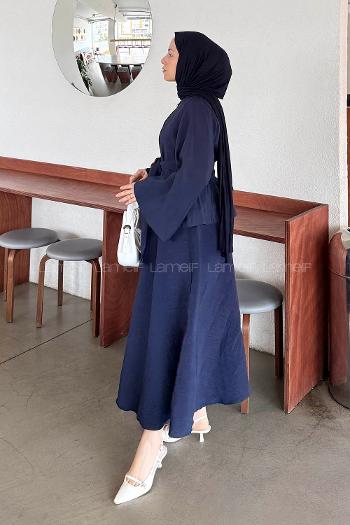 Navy Blue Medium Crew Neck Long Arm Cotton Skirt Suit