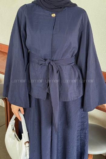 Navy Blue Medium Crew Neck Long Arm Cotton Skirt Suit