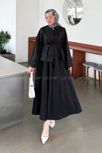 Black Medium Crew Neck Long Arm Cotton Skirt Suit