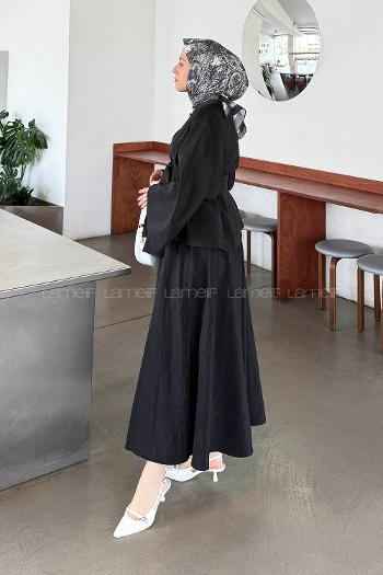 Black Medium Crew Neck Long Arm Cotton Skirt Suit