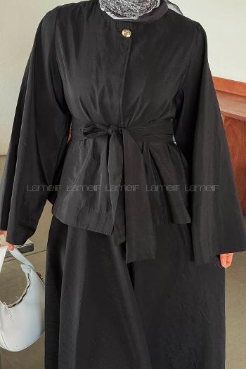 Black Medium Crew Neck Long Arm Cotton Skirt Suit