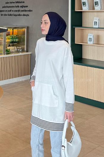 Lamelif Çizgi Detaylı İki İplik Sweat  Beyaz