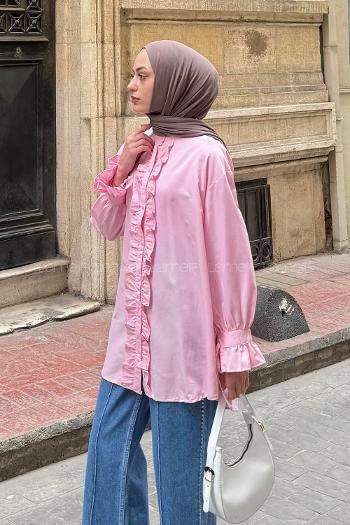 Lamelif Flores Fırfırlı Tunik Şeker Pembesi