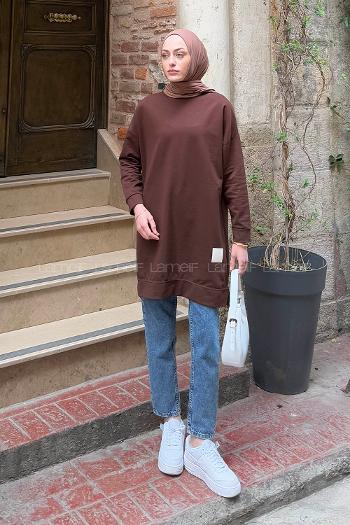Lamelif İki iplikli Arma Detaylı Sweat Tunik Acı Kahve