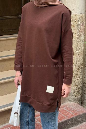 Lamelif İki iplikli Arma Detaylı Sweat Tunik Acı Kahve
