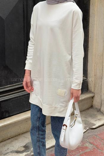 Lamelif İki iplikli Arma Detaylı Sweat Tunik Beyaz