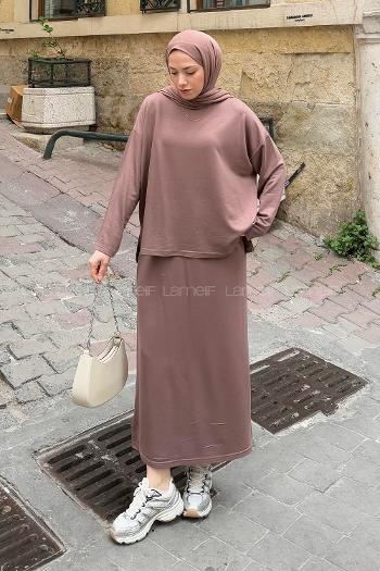 Lamelif Kristal Etekli Tesettür Takım Soft Kahve