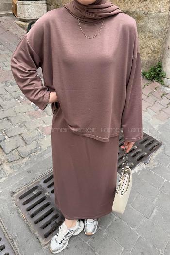 Lamelif Kristal Etekli Tesettür Takım Soft Kahve