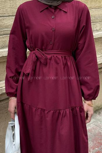 Modalamelif Yarım Düğme Detaylı Terikoton Elbise Bordo