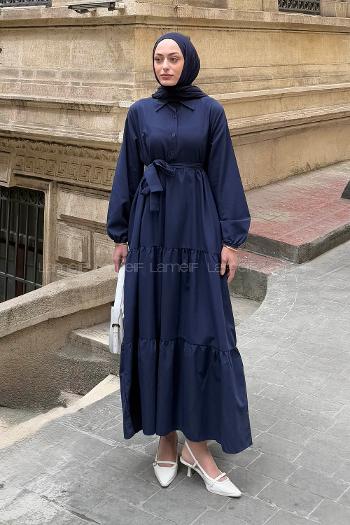 Modalamelif Yarım Düğme Detaylı Terikoton Elbise Lacivert