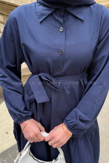 Modalamelif Yarım Düğme Detaylı Terikoton Elbise Lacivert