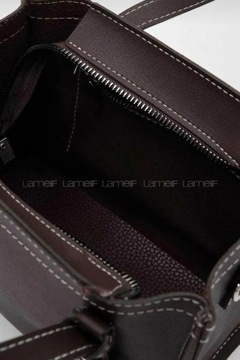 Lamelif Deri Görünümlü Kadın Omuz Çantası Acı Kahve