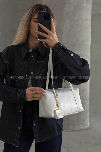 Lamelif Vanetta Model Deri Kadın El Ve Omuz Çantası Beyaz